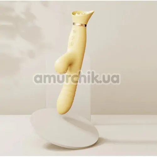 Вибратор с вакуумным стимулятором и толчками Zalo Rose Rabbit Thruster, желтый