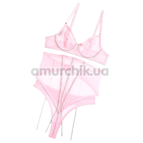 Комплект Star Night Luxury Rhinestone Lingerie Set, рожевий: бюстгальтер + трусики-стрінги + корсет
