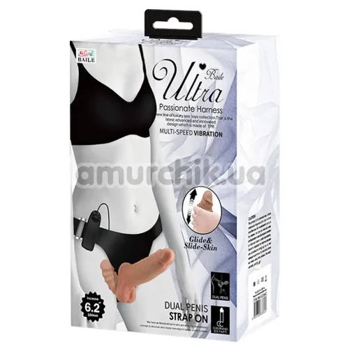 Двойной страпон с вибрацией Ultra Passion Harness Dual Penis Strap On 6.2, телесный