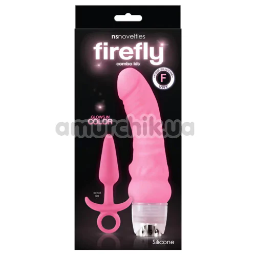 Набор из вибратора и анальной пробки Firefly Combo Kit - светящийся в темноте, розовый