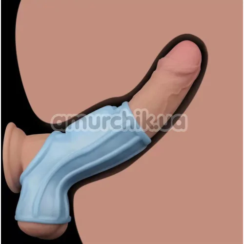 Насадка на пеніс з вібрацією Knights Ring Vibrating Ridge With Scrotum Sleeve, блакитна