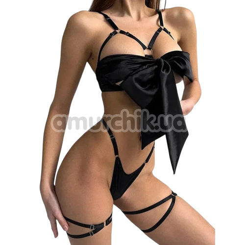 Комплект Star Night Openable Bow Sexy Bra Set, черный: бюстгальтер + трусики-стринги + гартеры