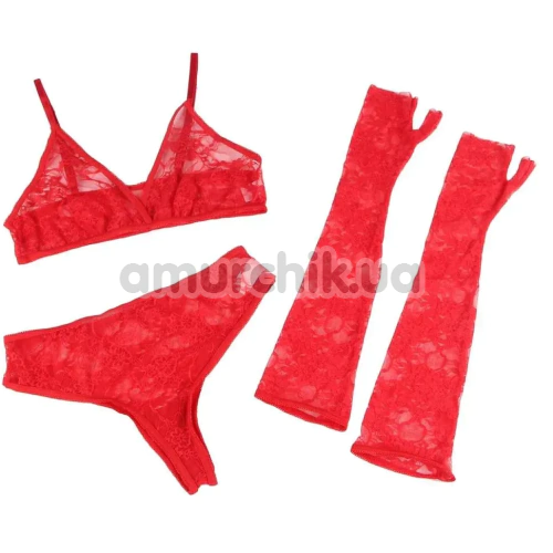 Комплект Star Night Lace Lingerie With Long Gloves, красный: бюстгальтер + трусики + перчатки