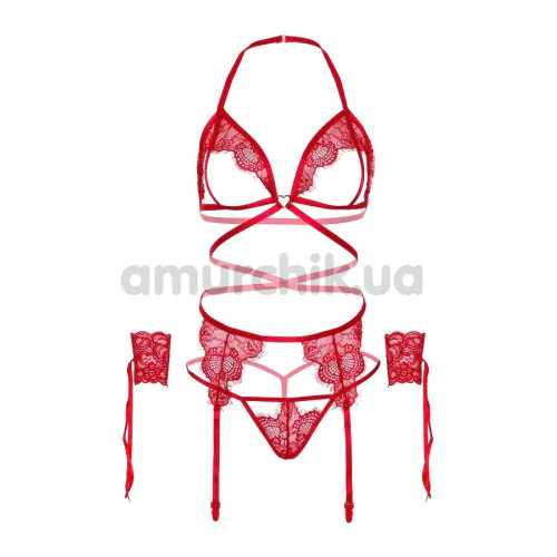 Комплект Leg Avenue Eyelash Lace Open Cup, красный: бюстгальтер + трусики-стринги + пояс для чулок + манжеты