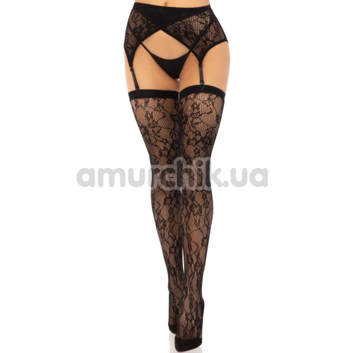 Комплект Leg Avenue Lace Thigh Highs & Garterbelt, черный: чулки + пояс - Фото №1