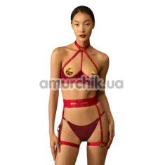 Комплект Upko Red-Strapped Lingerie Set, червоний: бюстгальтер + трусики-стрінги + пояс з гартерами + наліпки на соски - Фото №1