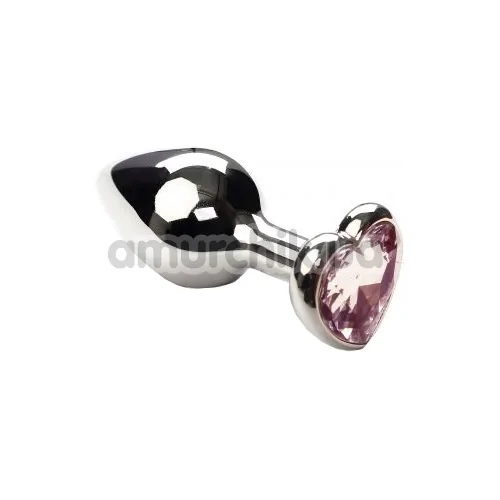 Анальная пробка с розовым кристаллом SWAROVSKI Silver Heart Pink Topaz, серебряная