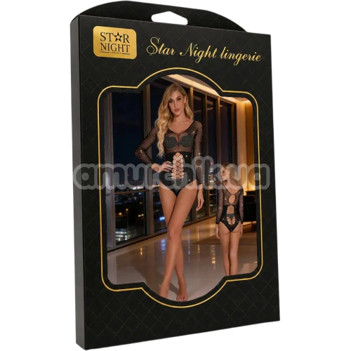 Боди Star Night Cutouts Mesh Rhinestone Bodysuit, черное