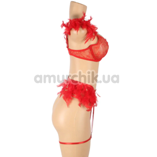 Комплект Star Night Sensual Feather & Chains, красный: бюстгальтер + трусики-стринги + пояс для чулок + гартеры