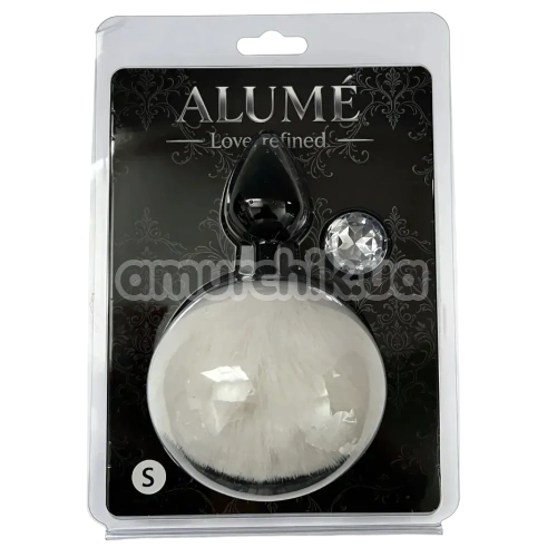 Анальна пробка з прозорим кристалом і білим хвостиком Alume Silicone Plug With Tail S, чорна