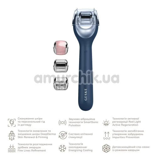 Масажер-ролер для обличчя з мікроголками Geske MicroNeedle Face Roller 9 in 1, синій