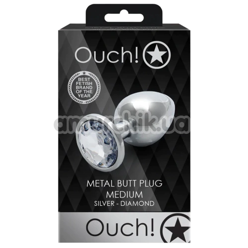 Анальная пробка с прозрачным кристаллом Ouch! Metal Butt Plug Medium, серебряная