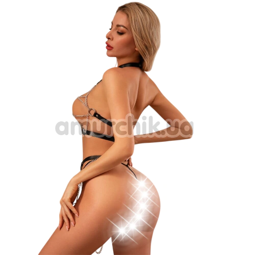 Комплект JSY Sexy Lingerie 8221, чорно-срібний: портупея-бюстгальтер + трусики-стрінги + пояс