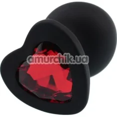 Анальная пробка с красным кристаллом Silicone Jewelled Butt Plug Heart Large, черная - Фото №1