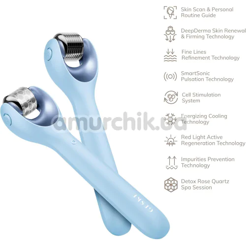 Массажер-роллер для лица с микроиглами Geske MicroNeedle Face Roller 9 in 1, голубой