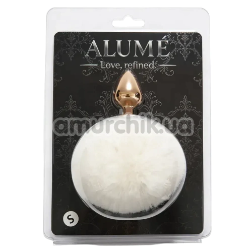 Анальна пробка з білим хвостиком Alume Metal Plug With Tail S, золота