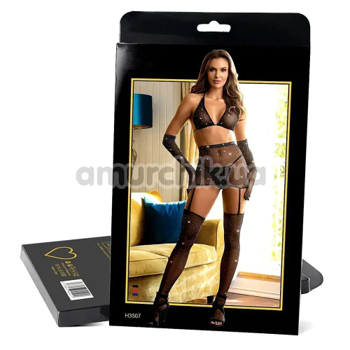 Комплект Star Night Sinful Luxe Diamond Fishnet Set, черный: бюстгальтер + пояс для чулок + перчатки + трусики-стринги + чулки
