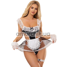 Костюм горничной Star Night Sexy French Maid Lace Costume Set, черно-белый: боди + юбка + подвязка на ногу + перчатки - Фото №1