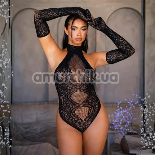 Боди Leg Avenue Lace Halter Teddy And Long Gloves, черное