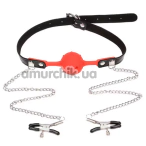 Кляп с зажимами для сосков Roomfun SM Flirting Ball Gag With Nipple Clamps, красный - Фото №1