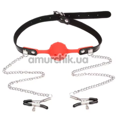 Кляп із затискачами для сосків SM Flirting Ball Gag With Nipple Clamps, червоний - Фото №1