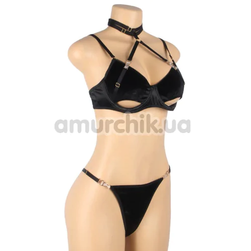 Комплект Star Night Velvet Hollow Cut Halter, чорний: бюстгальтер + трусики-стрінги