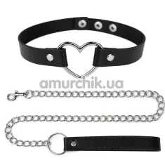 Ошейник с поводком DS Fetish Heart Collar With Leash, черный - Фото №1
