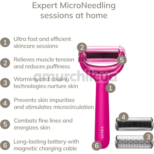 Масажер-ролер для обличчя та тіла з мікроголками Geske MicroNeedle Face & Body Roller 8 in 1, яскраво-рожевий