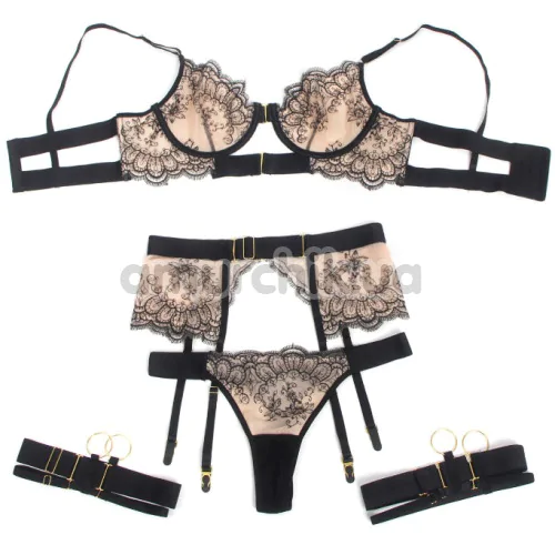 Комплект Star Night Floral Set, чорно-тілесний: бюстгальтер + трусики-стрінги + пояс для панчіх + гартери