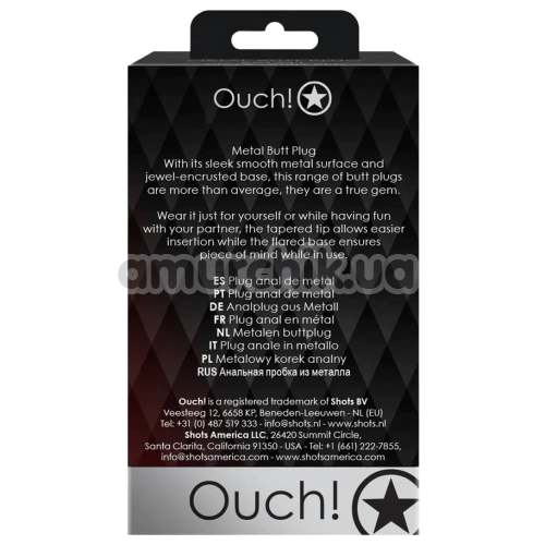 Анальная пробка с прозрачным кристаллом Ouch! Metal Butt Plug Medium, черная