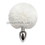 Анальная пробка с белым хвостиком DS Fetish Metal Plug With Bunny Tail, серебряная - Фото №1