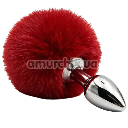Анальна пробка з червоним хвостиком DS Fetish Metal Plug With Bunny Tail, срібна