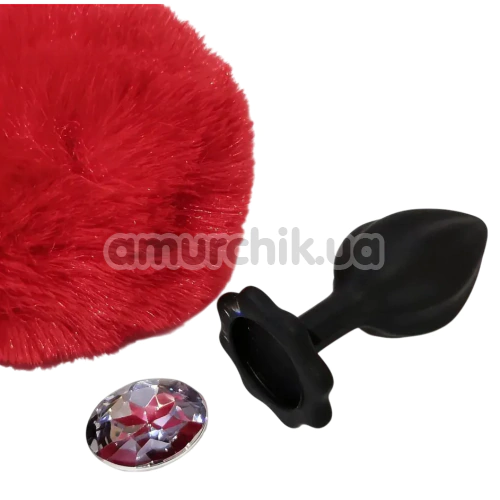 Анальна пробка з прозорим кристалом і червоним хвостиком Alume Silicone Plug With Tail S, чорна