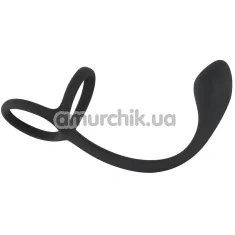 Эрекционное кольцо с анальной пробкой Black Velvets Cock & Ball Ring + Plug, чёрное - Фото №1