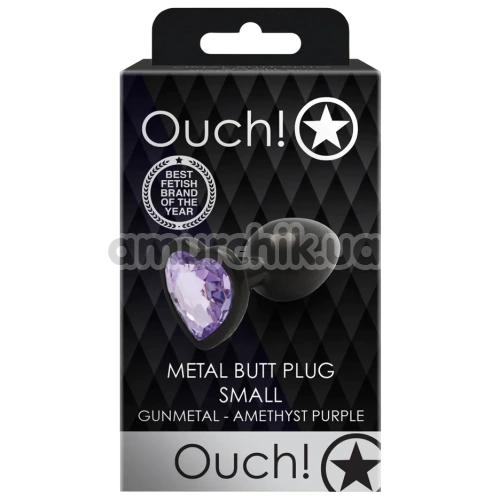 Анальна пробка з фіолетовим кристалом Ouch! Heart Metal Butt Plug Small, чорна