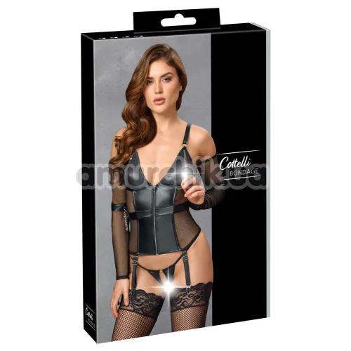 Комплект Cottelli Collection Bondage, черный: корсет с фиксаторами для рук + трусики-стринги