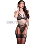 Комплект 3 Piece Strappy Bra, Garter and Panty Set, черный: бюстгальтер + трусики-стринги + пояс для чулок - Фото №1