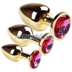 Набір з 3 анальних пробок з рожевим кристалом SWAROVSKI Gold Pink-Rhodolite, золотий - Фото №1