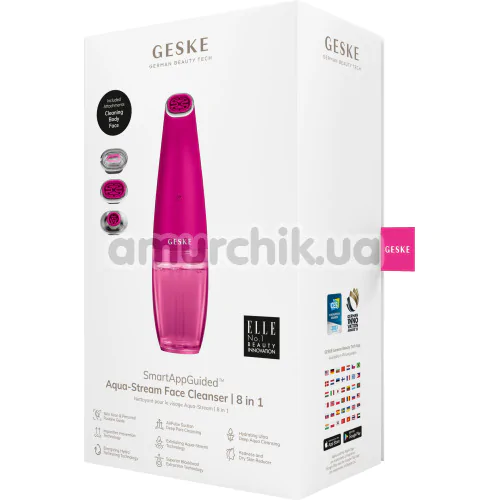 Устройство для очищения кожи лица Geske Aqua-Stream Face Cleanser 8 in 1, ярко-розовое