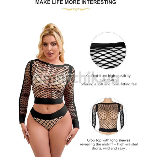 Комплект Star Night Hollow Out Fishnet Lingerie Set, черный: топ + трусики-стринги