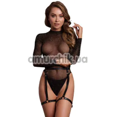 Комплект Le Desir Shimmering Open-Back Bodysuit With PU Leather Garters, черный: боди + гартеры - Фото №1