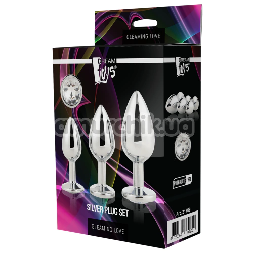 Набір із 3 анальних пробок з прозорим кристалом Gleaming Love Silver Plug Set, срібний